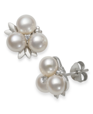 image of Cultured Freshwater Pearl (6-7 mm) and Diamond Accent Fruit Stud Earring in Sterling Silver