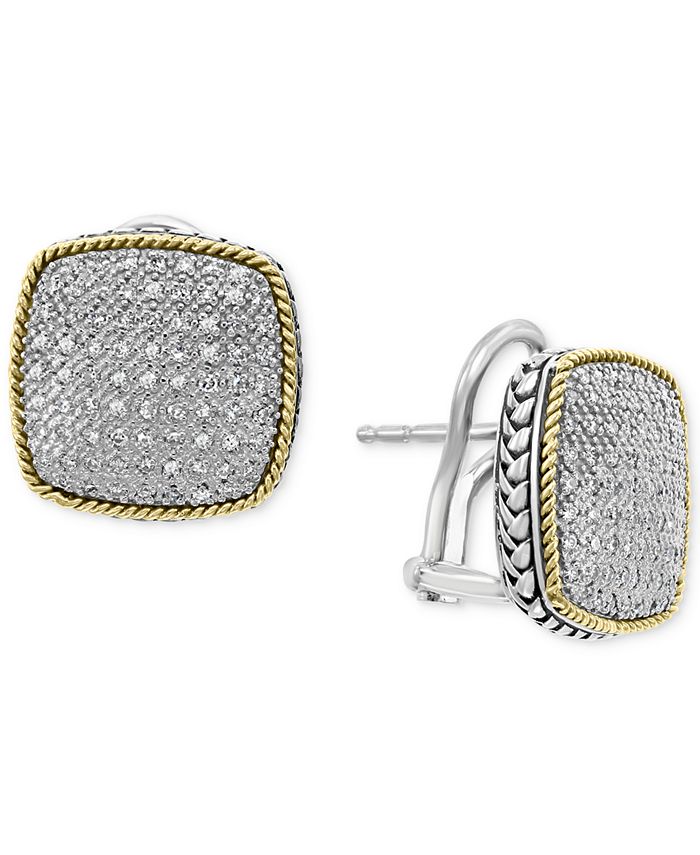 EFFY Collection - Diamond Pav&eacute; Cushion Earrings in Sterling Silver & 18k Gold-Plate