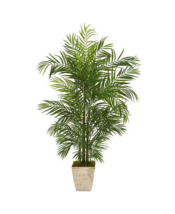 Nearly Natural - 63" Areca Artificial Palm Tree in Country White Planter UV Resistant Indoor/Outdoor