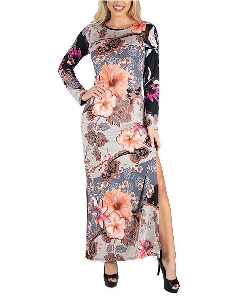 Women S Form Fitting Floral Long Sleeve Side Slit Maxi Dress