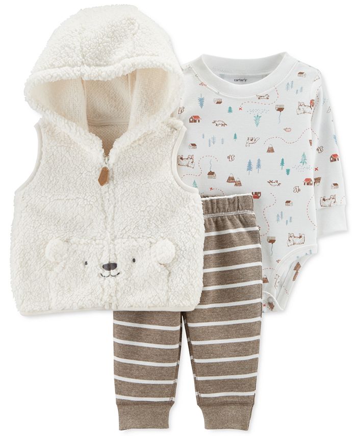 Carter's Baby Boys 3Pc. FauxFur Hooded Vest, Printed Bodysuit