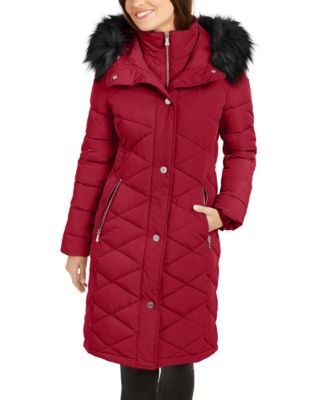 red faux fur trim hooded puffer jacket