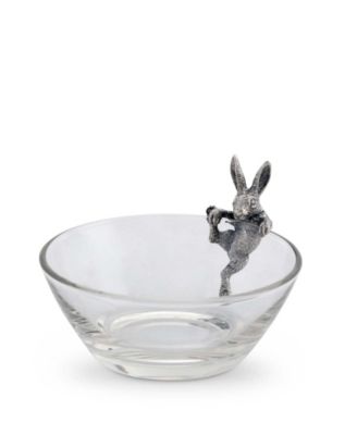 Glass Dip, Candy, Snack Bowl with Pewter Climbing Bunny