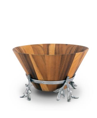 Acacia Wood Salad Bowl in Metal Stand, Sand-Cast Aluminum Stand in Olive Pattern