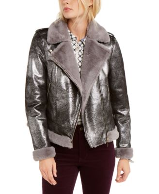 Tommy Hilfiger Faux-Shearling Metallic Moto Jacket, Created for Macy's