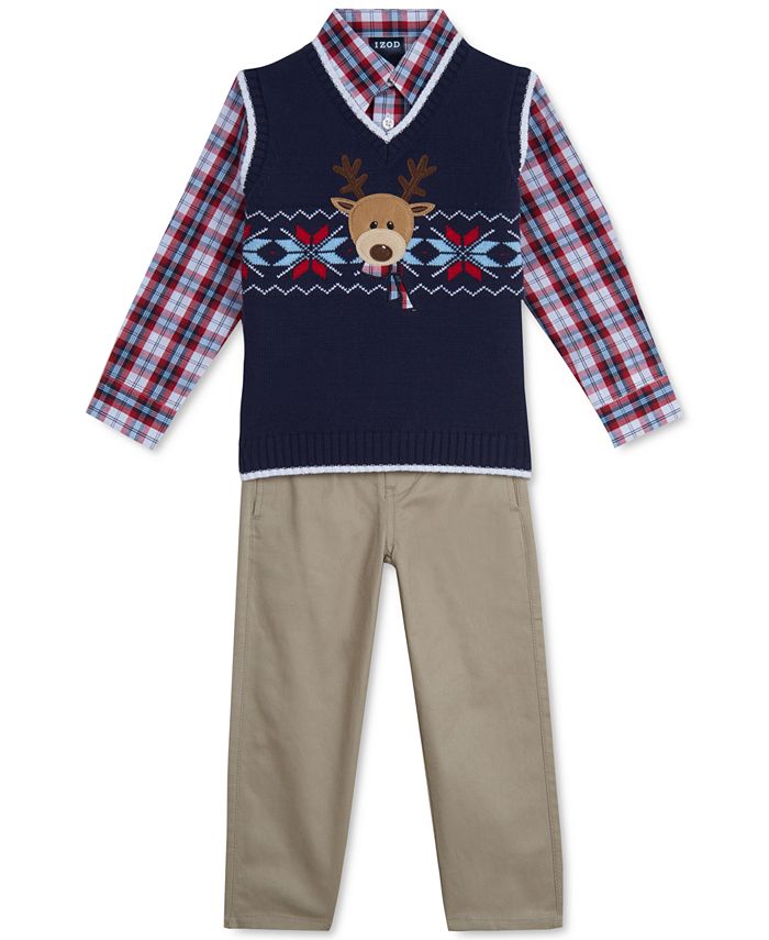 IZOD Toddler Boys 3Pc. Reindeer Fair Isle Sweater Vest, Plaid Shirt