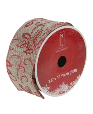 Northlight Pack Of 12 Holly Red And Beige Burlap Wired Christmas Craft Ribbon Spools- 2.5" X 120 Yards Total In Brown