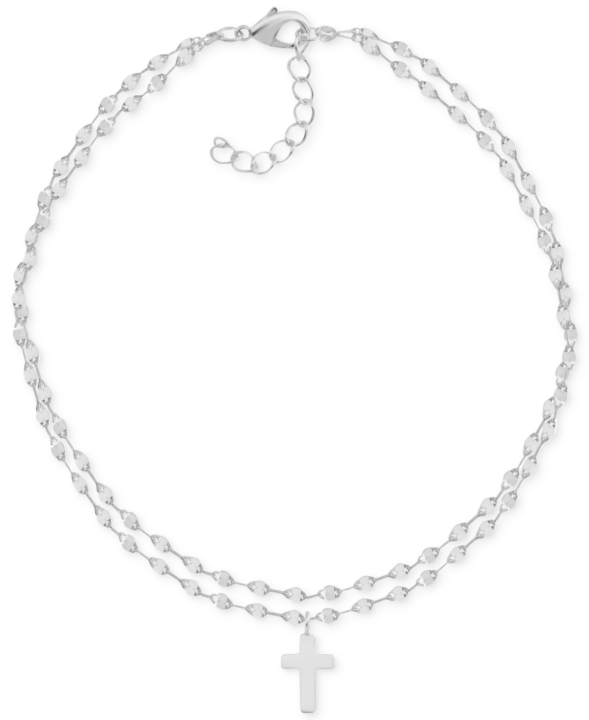 Two-Row Mirror Chain Cross Silver Plate Anklet - Silver