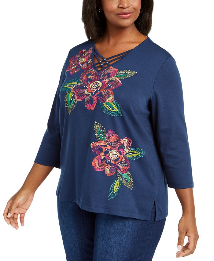 Alfred Dunner Plus Size Road Trip Embroidered 3/4-Sleeve Top - Macy's