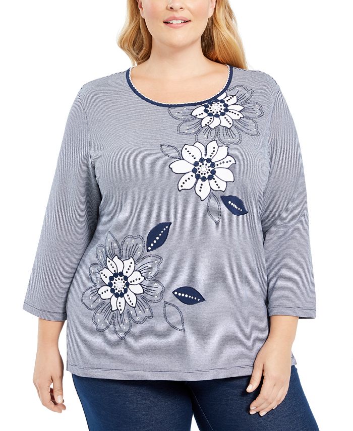 Alfred Dunner Plus Size Road Trip Embroidered 3/4-Sleeve Top - Macy's