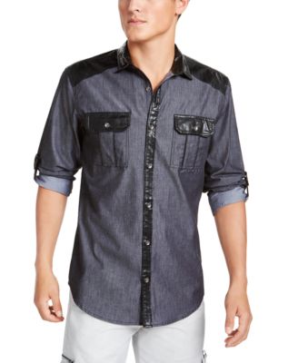 INC International Concepts - Men's Regular-Fit Colorblocked Utility Shirt with Faux-Leather Piecing