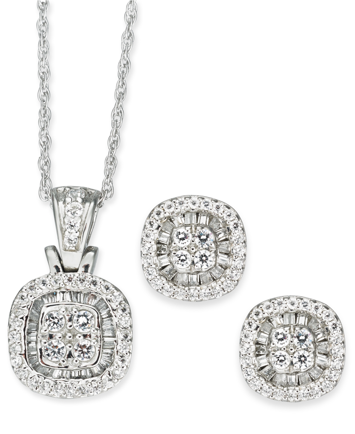 Macy's 2-pc. Set Diamond Halo Heart Cluster Pendant Necklace & Matching Stud Earrings (1 Ct. T.w.) In 10k W In Square,white Gold