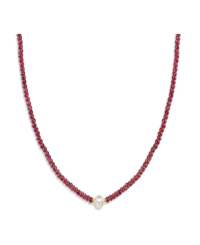 Gemstone and Cultured Pearl (9-10 mm) Strand Necklace in 14k Yellow Gold