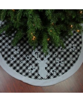 48" Black and White Plaid Rustic Reindeer Christmas Tree Skirt with Faux Fur Trim