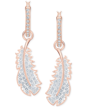 image of Swarovski Rose Gold-Tone Crystal Feather Convertible Hoop Earrings