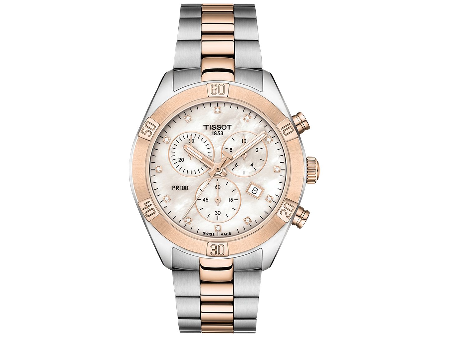 Женские часы Tissot Swiss Chronograph T-Classic PR 100 Diamond (1/20 ct. t.w.) Two-Tone PVD Stainless Steel Bracelet Watch 38mm — фото 1