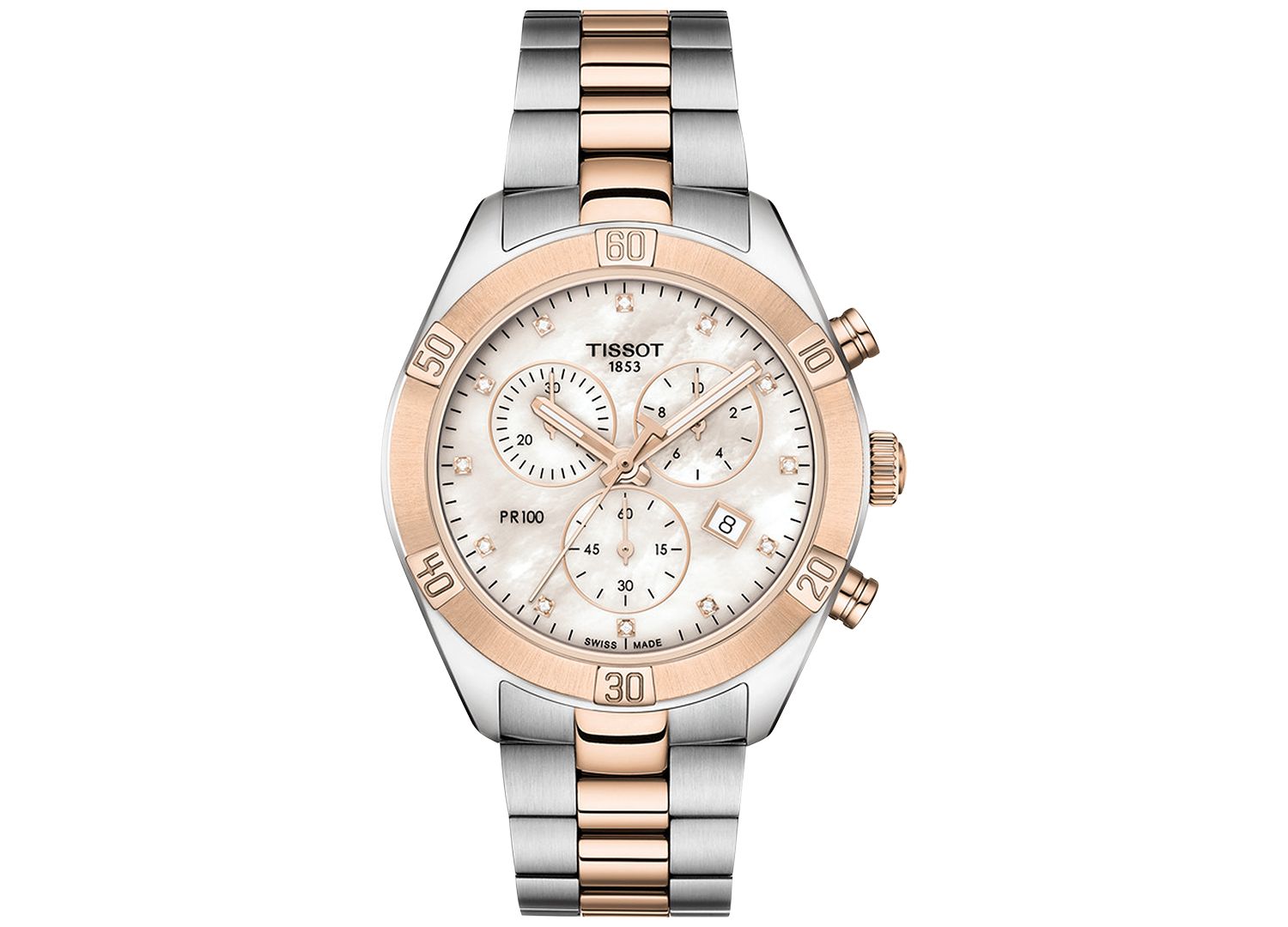 Women's Swiss Chronograph T-Classic PR 100 Diamond (1/20 ct. t.w.) Two-Tone PVD Stainless Steel Bracelet Watch 38mm