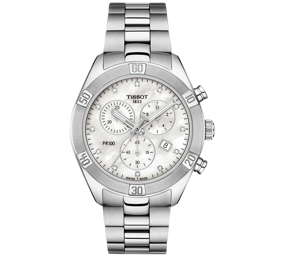 Women's Swiss Chronograph T-Classic Pr 100 Diamond (1/20 ct. t.w.) Gray Stainless Steel Bracelet Watch 38mm - Silver