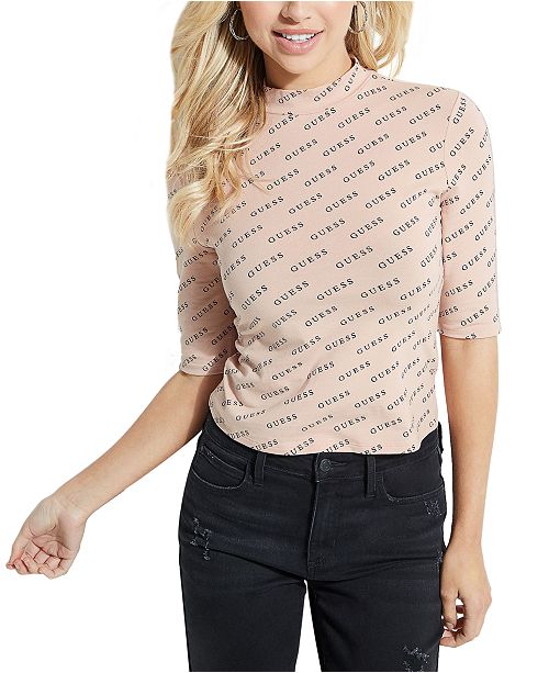 Guess Logo Print Mock Neck Top Reviews Tops Macy S