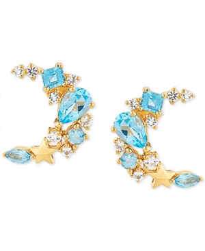 image of Swiss Blue Topaz (1-5/8 ct. t.w.) & White Topaz (1/4 ct. t.w.) Crescent Moon Stud Earrings in 14k Gold
