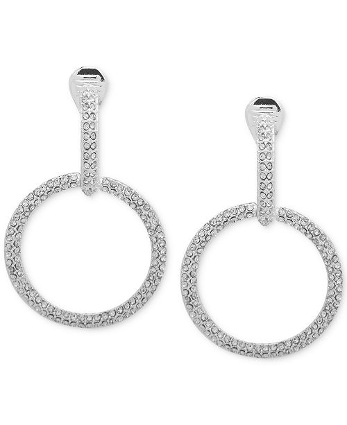 Anne Klein Silver Tone Pave E Z Comfort Clip On Drop Hoop Earrings