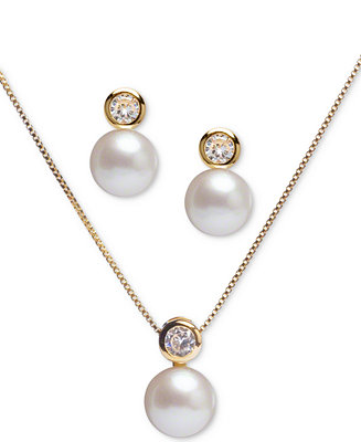 Macy's 2-Pc. Set Cultured Freshwater Pearl (8mm) & Cubic Zirconia 18