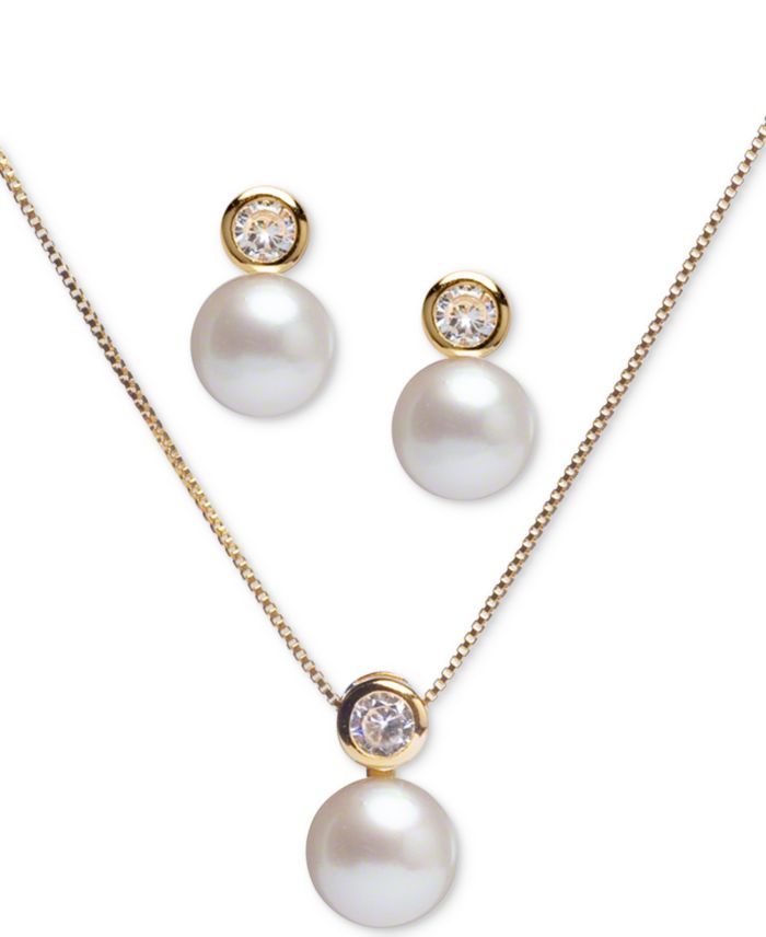 2-Pc. Set Cultured Freshwater Pearl (8mm) & Cubic Zirconia 18" Pendant