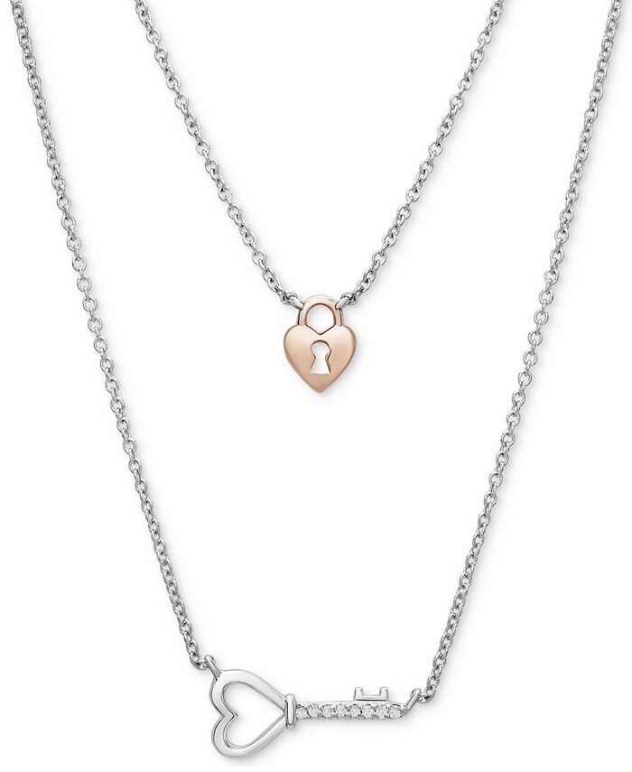 Macy's - Diamond Accent Lock & Key 18" Pendant Necklace in Sterling Silver & 10k Rose Gold-Plate