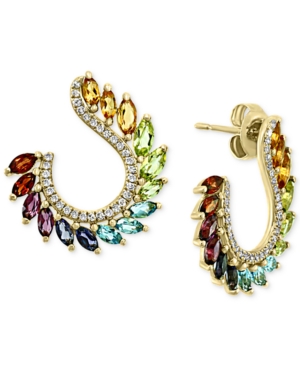 image of Effy Multi-Gemstone (2-1/2 ct. t.w.) & Diamond (1/4 ct. t.w.) Front & Back Hoop Earrings in 14k Gold