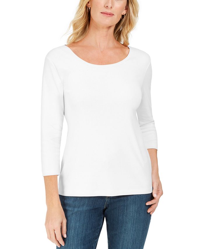 Karen Scott Petite 3/4 Sleeve Cotton Scoop-Neck Top, Created for Macy's - Bright White - Size P/L
