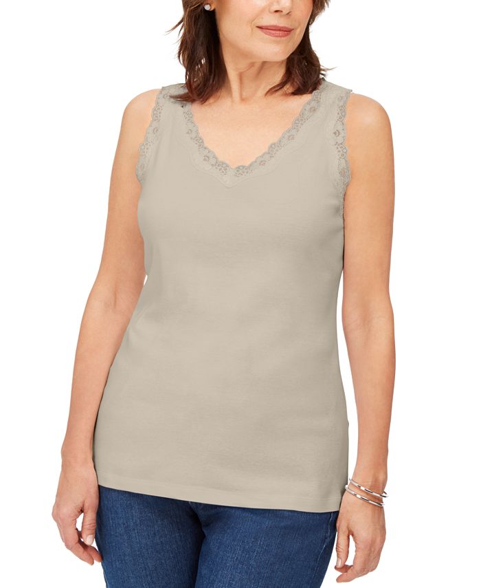 Karen Scott Petite Cotton Lace-Trim Tank Top, Created for Macy's - Macy's