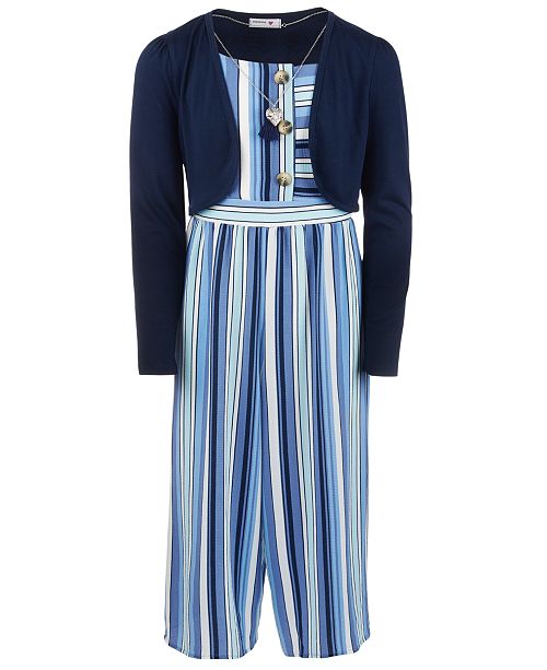 Beautees Big Girls 3 Pc Shrug Striped Jumpsuit Necklace Set