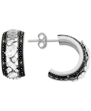 image of Genuine Swarovski Marcasite & Crystal Small Hoop Earrings in Fine Silver-Plate, .77