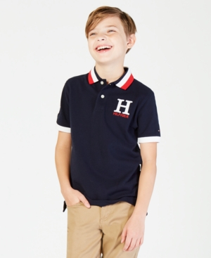 Shop Tommy Hilfiger Big Boys Striped Collar Embroidered Matt Polo In Masters Navy
