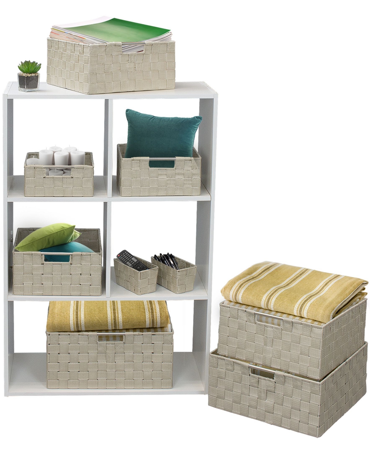 Sorbus 9 Piece Stackable Woven Basket Organizer Set with Built-In Carry Handles - Stylish Storage for any room in the household (Gray)