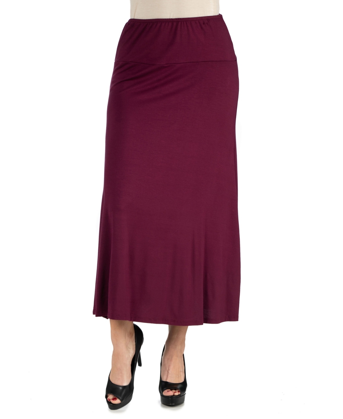 Women Elastic Waist Solid Color Maxi Skirt - Wine