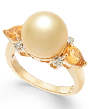 image of Cultured Golden South Sea Pearl (10mm), Citrine (3/4 ct. t.w.) & Diamond (1/10 ct. t.w.) Ring in 14k Gold