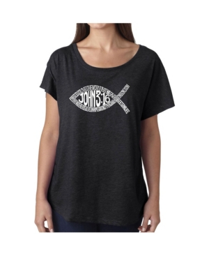 image of La Pop Art Women-s Dolman Cut Word Art Shirt - John 3:16 Fish Symbol