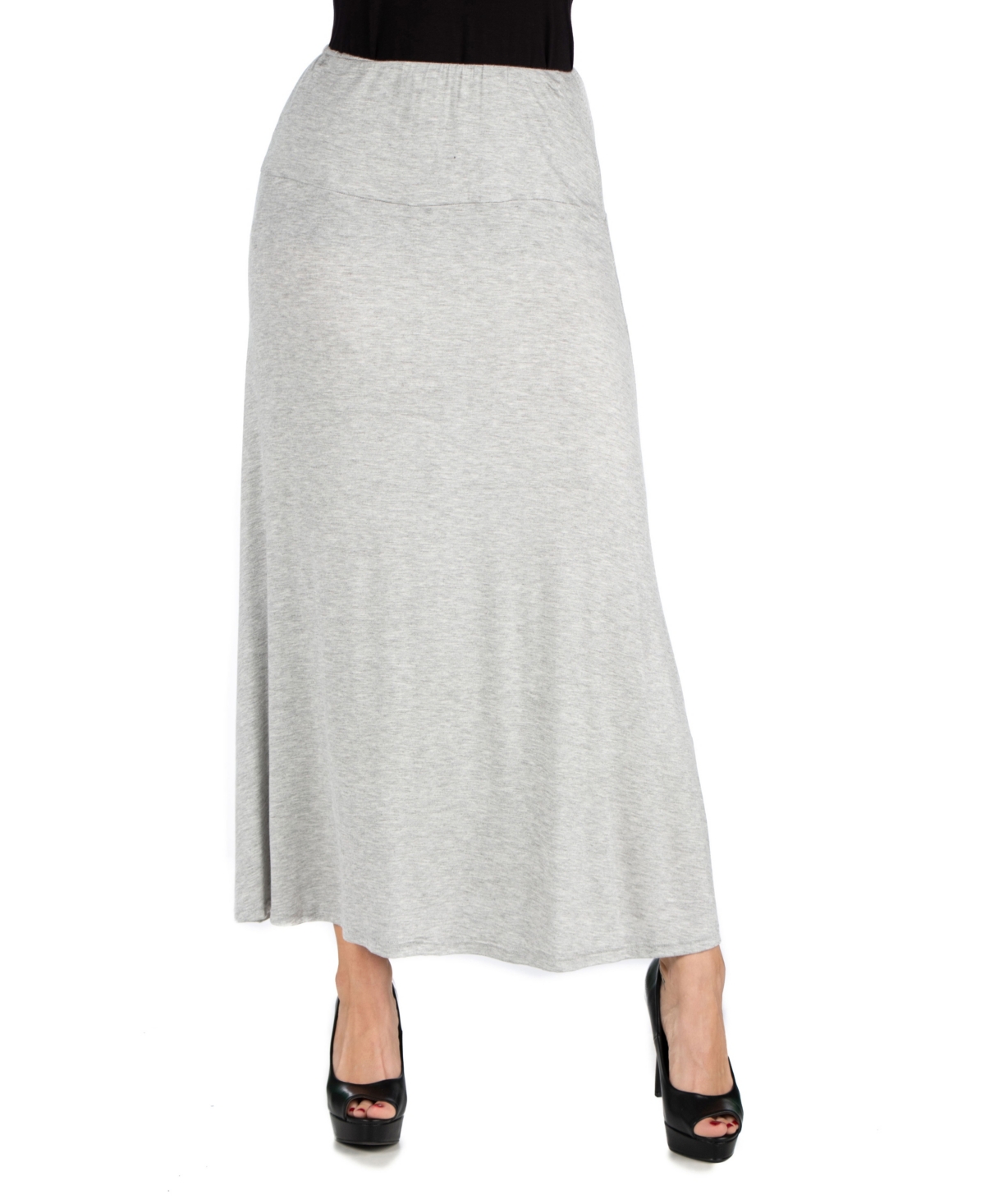 Women Elastic Waist Solid Color Maxi Skirt - Wine