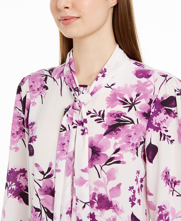Calvin Klein Floral Bow-Neck Button-Up Top - Macy's