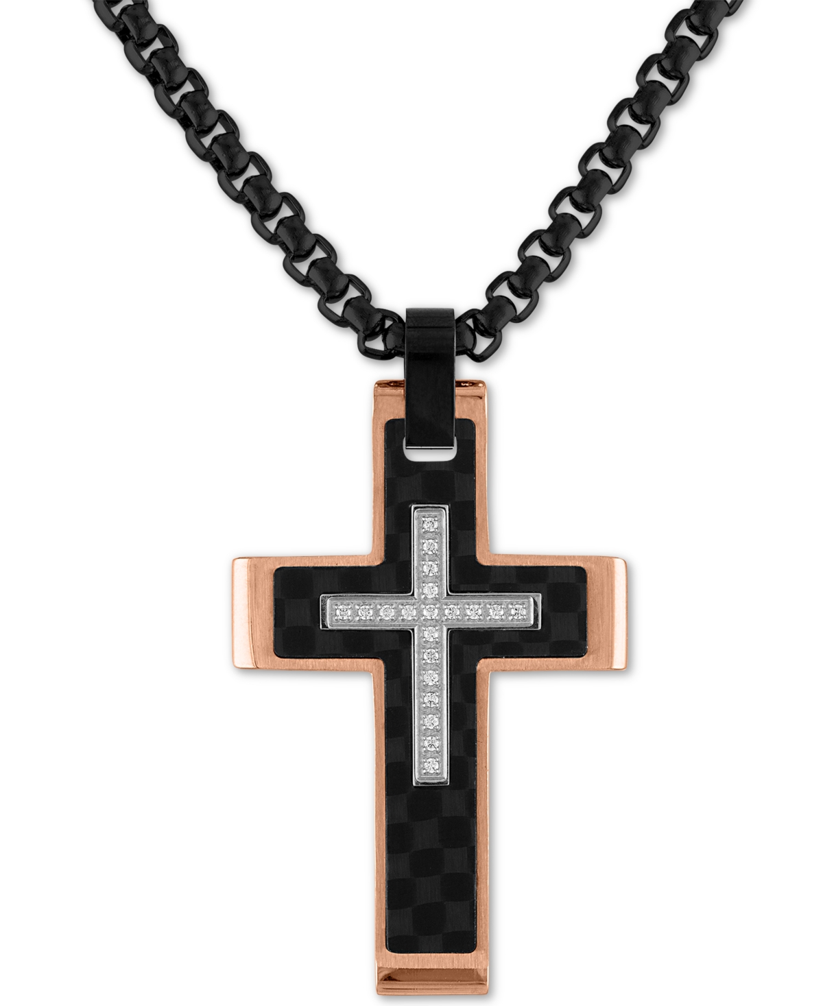 Esquire Men's Jewelry Diamond Cross 22" Pendant Necklace (1/10 ct. t.w.) in Stainless Steel, Black Carbon Fiber, Created for Macy's