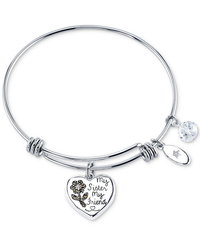 Unwritten Marcasite Heart Crystal Sister Charm Bangle Bracelet