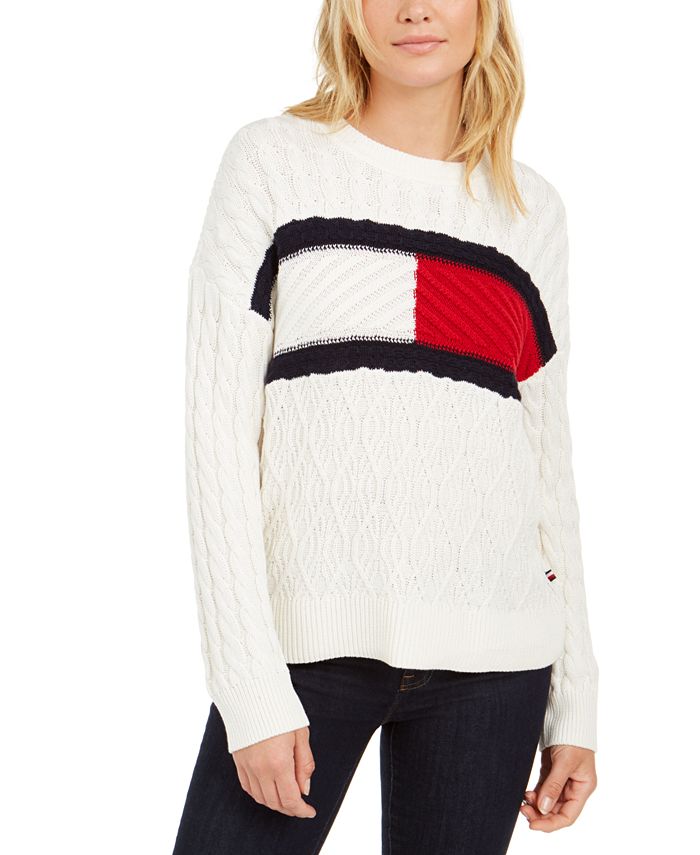 Tommy Hilfiger Cable-Knit Flag Logo Sweater - Macy's