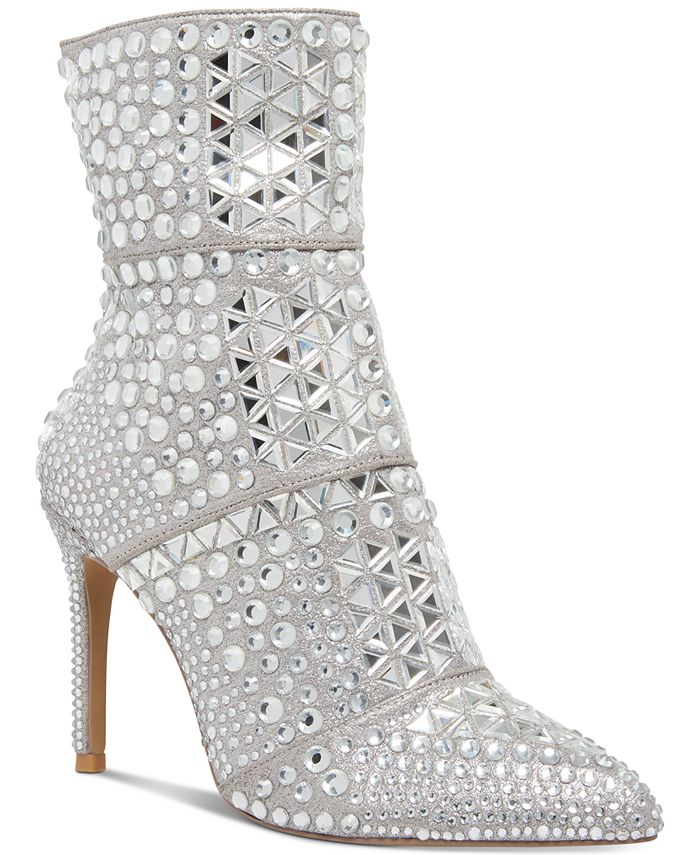 Unm Womens Elegant Rhinestone Chunky High Heel Booties Dress Pointy Toe Ankle Boots with Zipper
