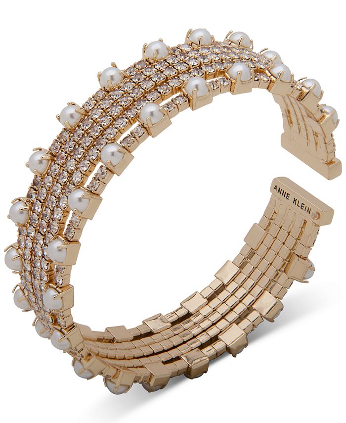 Anne Klein Gold Tone Crystal Imitation Pearl Multi Row Cuff