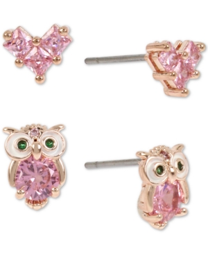 image of Betsey Johnson Rose Gold-Tone 2-Pc. Set Crystal Owl & Heart Stud Earrings