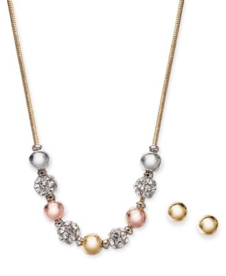 Charter Club - Tri-Tone Crystal Fireball Necklace & Stud Earrings Boxed Set, 17" + 2" extender