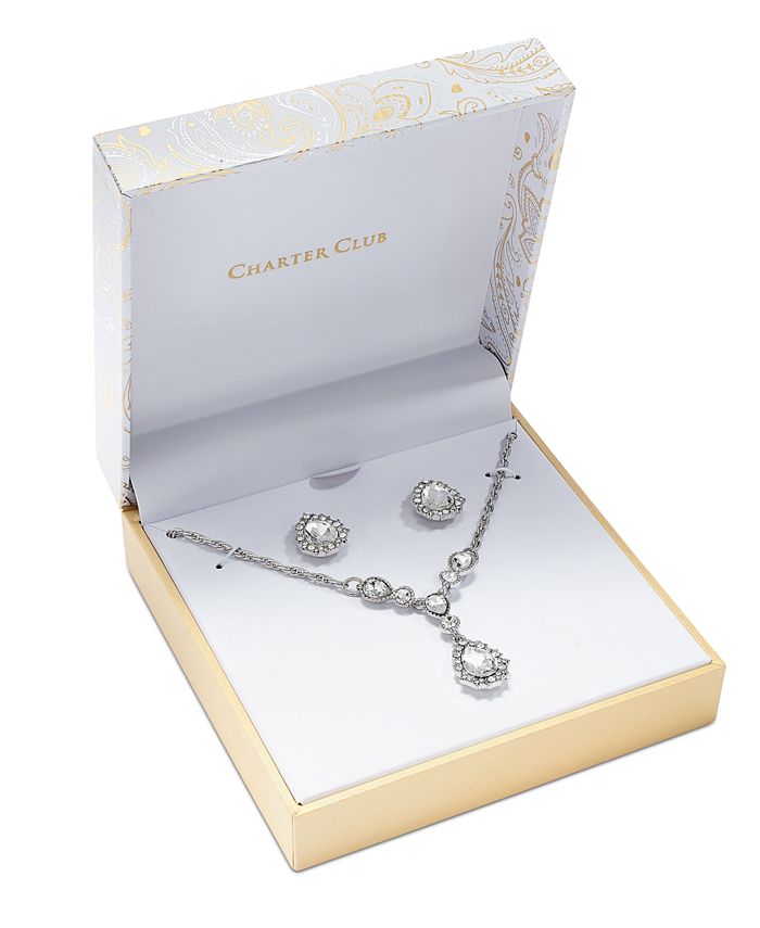 Charter Club - Silver-Tone Crystal Pendant Y-Necklace & Stud Earrings Boxed Set, 17" + 2" extender
