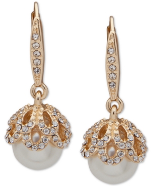 image of Anne Klein Gold-Tone Pave & Imitation Pearl Drop Earrings