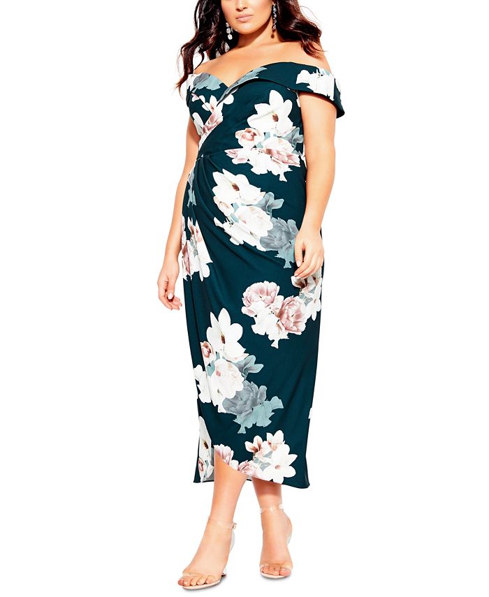 City Chic Trendy Plus Size Off-The-Shoulder Floral Faux-Wrap Dress - Macy's